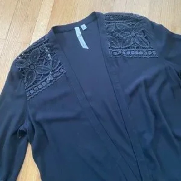 NY Collection Open Front Lace Trim Black 3/4 Sleeve Kimono Cardigan Size S - Picture 2 of 10